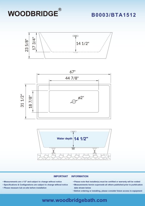 Woodbridge 67" Acrylic Freestanding Soaking Bathtub White with Brushed Gold Drain & Overflow