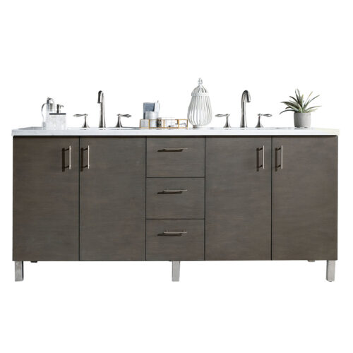 James Martin Metropolitan 72-inch Double Bathroom Vanity in Silver Oak with Arctic Fall Top