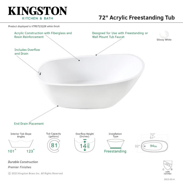 VTRS723228-IN1 Kingston Brass Aqua Eden 72" Acrylic Single Slipper Freestanding Tub – VTRS723228