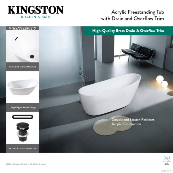Kingston Brass Aqua Eden 72" Acrylic Single Slipper Freestanding Tub with Matte Black Trim – VTRS723228C310