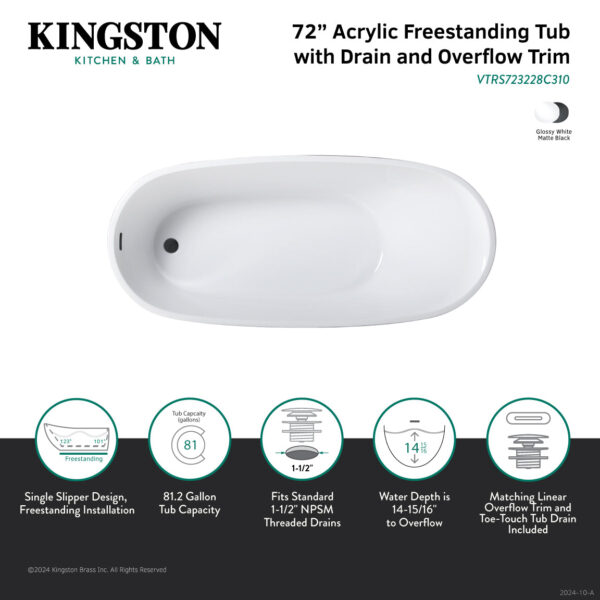 Kingston Brass Aqua Eden 72" Acrylic Single Slipper Freestanding Tub with Matte Black Trim – VTRS723228C310