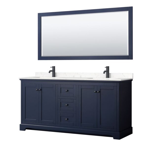 Wyndham Collection Avery 72" Double Bathroom Vanity Dark Blue with White Carrara Marble Top