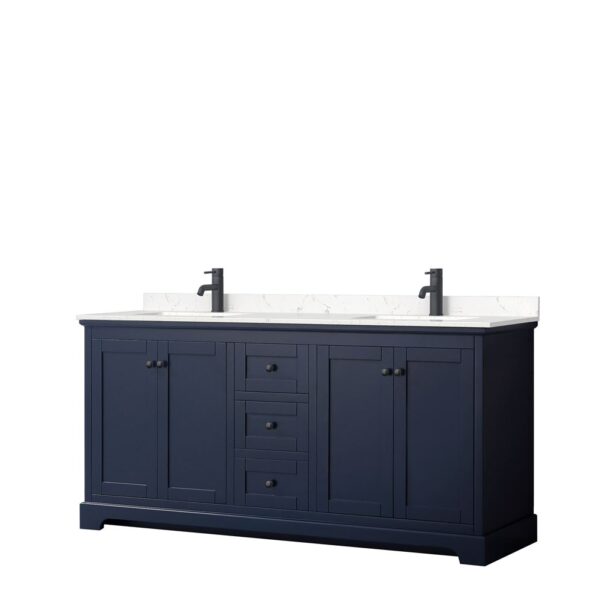 Wyndham Collection Avery 72" Double Bathroom Vanity Dark Blue with White Carrara Marble Top