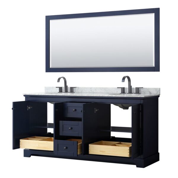Wyndham Collection Avery 72" Double Bathroom Vanity Dark Blue with White Carrara Marble Top
