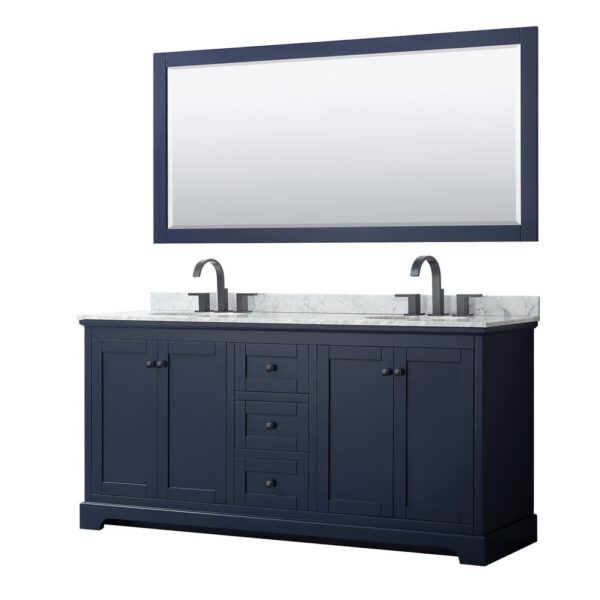 Wyndham Collection Avery 72" Double Bathroom Vanity Dark Blue with White Carrara Marble Top