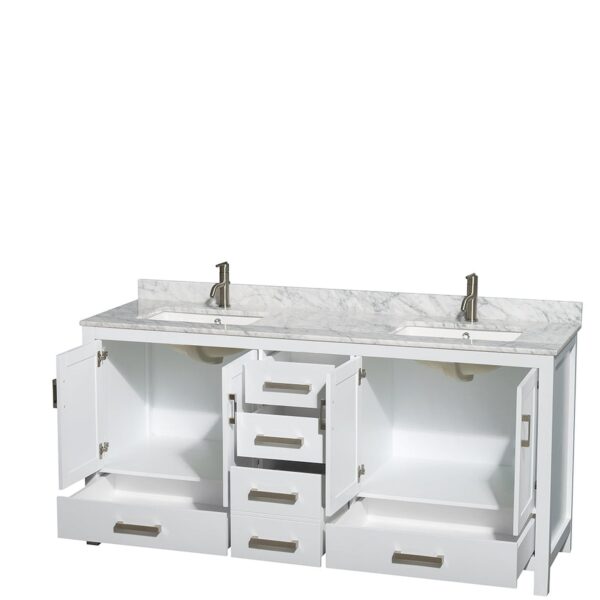 Wyndham Collection Sheffield 72-inch Double Bathroom Vanity in White with Carrara Marble Top
