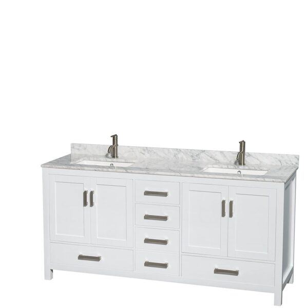 Wyndham Collection Sheffield 72-inch Double Bathroom Vanity in White with Carrara Marble Top