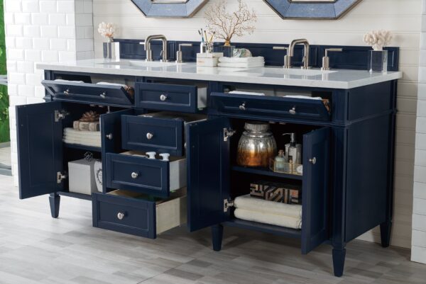 James Martin Brittany 72-inch Double Bathroom Vanity in Victory Blue with Eternal Jasmine Pearl Top