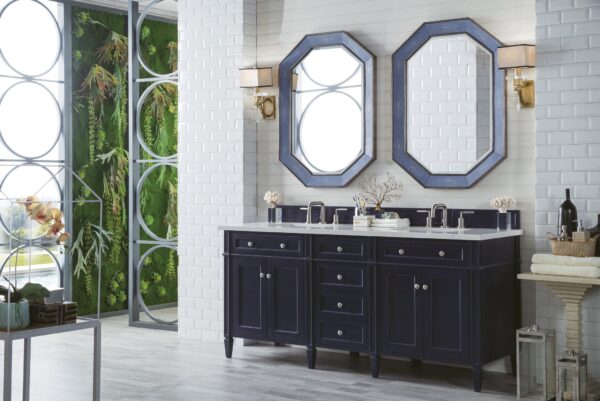 James Martin Brittany 72-inch Double Bathroom Vanity in Victory Blue with Eternal Jasmine Pearl Top