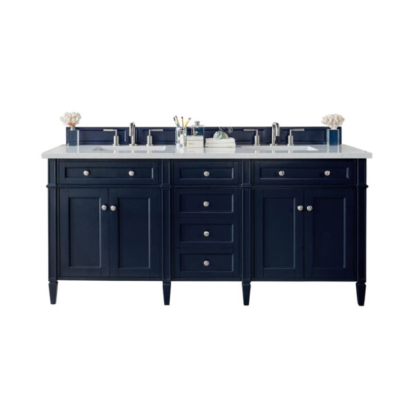James Martin Brittany 72-inch Double Bathroom Vanity in Victory Blue with Eternal Jasmine Pearl Top