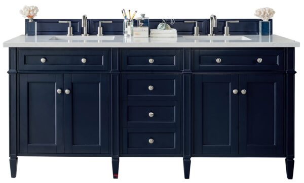 James Martin Brittany 72-inch Double Bathroom Vanity in Victory Blue with Eternal Jasmine Pearl Top