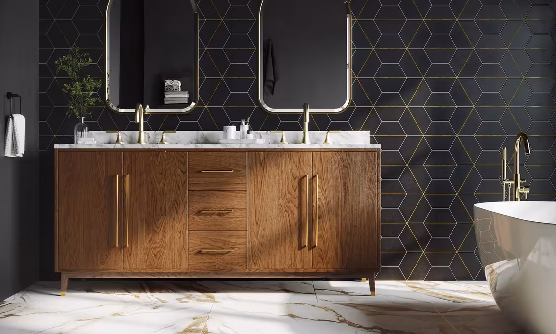 Freestanding bathtub in a quiet luxury bathroom
